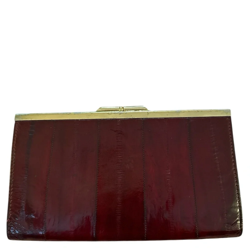 Vintage Genuine Eelskin Wallet Burgundy Red Tone Gold Frame Credit Card Wallet